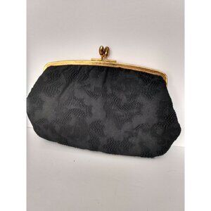 VINTAGE BLACK & GOLD FLORAL KNITTED BROCADE EVENING PURSE/HANDBAG/CLUTCH